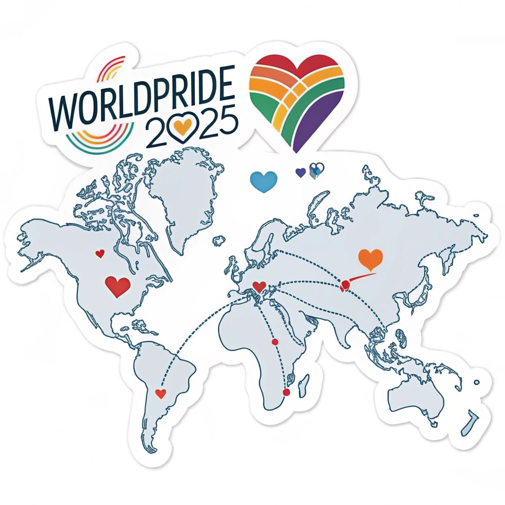 The WorldPride 2025 Emblem superimposed on a clean outline of the world map, with small, glowing dots or hearts marking various global locations, connected by subtle rainbow threads, visualizing worldwide participation and connection.