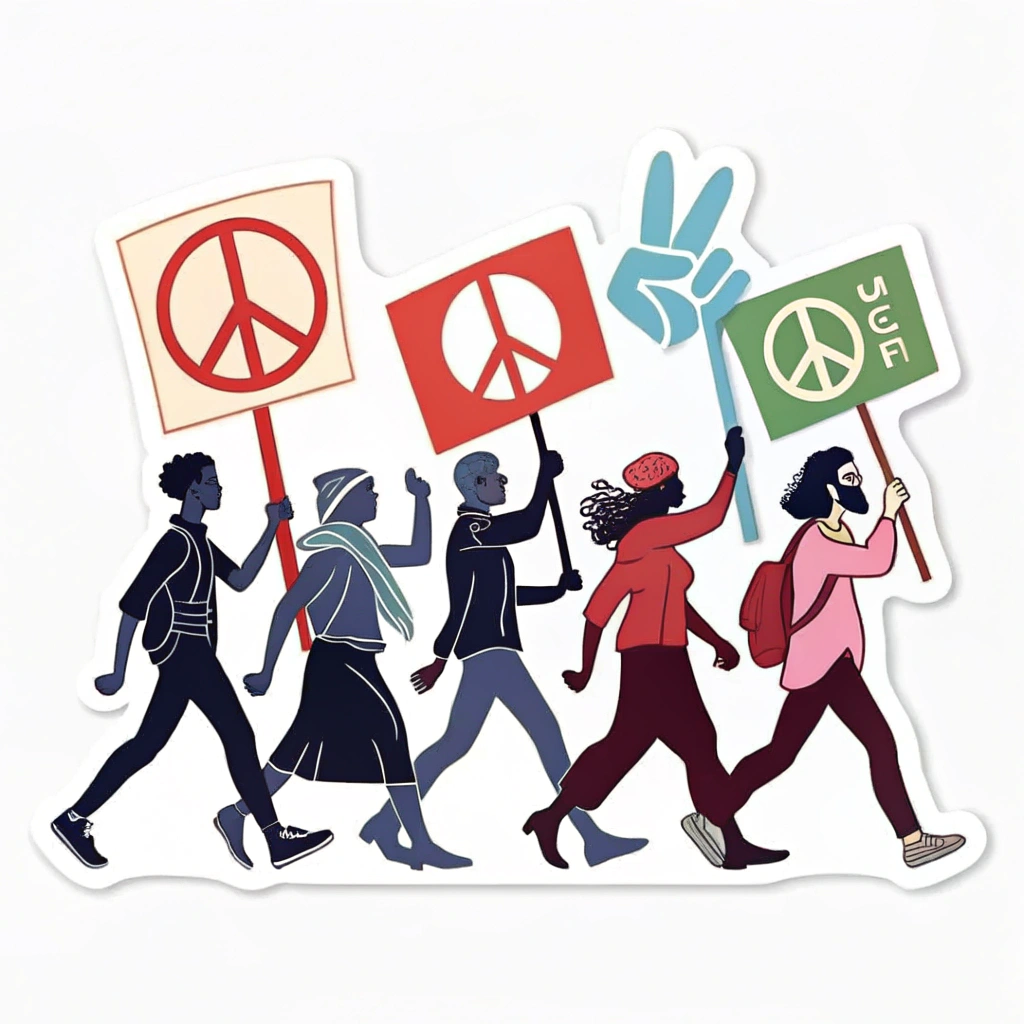 Illustration of diverse people marching together, simplified into bold silhouettes, carrying signs with universal symbols of peace, labor rights, or justice.