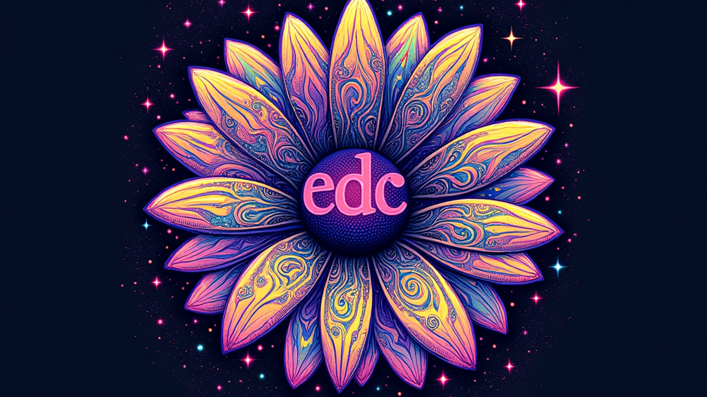 Central Radiant Mandala: A large, intricate daisy mandala as the focal point on the chest. Petals feature complex psychedelic patterns (swirls, paisley, fractals) in vibrant, UV-reactive neon colors. The center of the daisy could subtly incorporate 'EDC' lettering or the year. The background could be a subtle cosmic or energy field pattern.