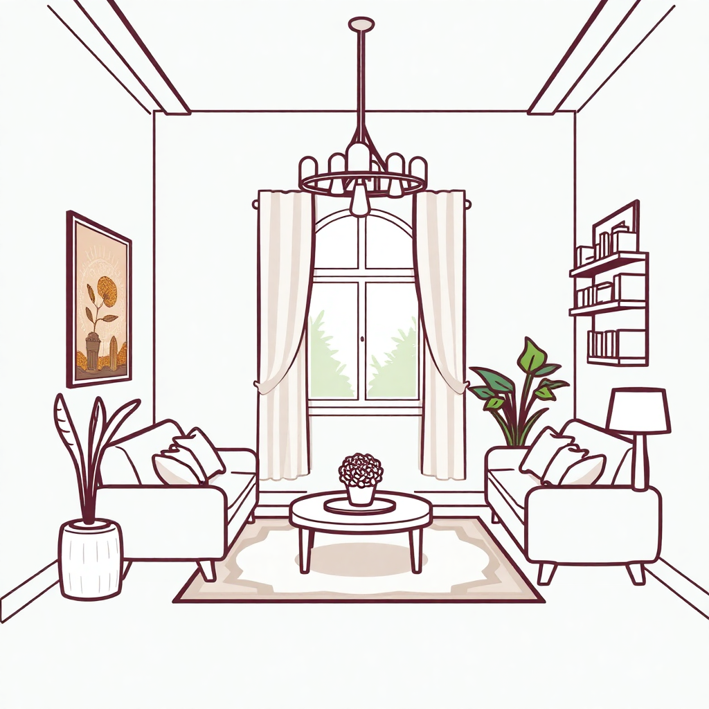 The image is an illustration of a living room with a modern and elegant design. The room has a large window with white curtains and a chandelier hanging from the ceiling. The window is open, allowing natural light to enter the room. There are two white sofas on either side of the window, with a coffee table in the center. On the coffee table, there is a vase with a plant and a lamp. The floor is covered with a beige rug, and there are two potted plants on the left and right sides of the room, adding a touch of greenery to the space. The walls are painted in a light color, and the overall style of the space is minimalistic and minimalistic.