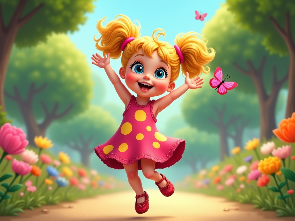  a young girl with blonde hair and blue eyes, wearing a pink dress with yellow polka dots and red shoes. She is standing on a dirt path in a garden with colorful flowers and trees in the background. The girl is smiling and has her arms stretched out to the sides, as if she is dancing or jumping. There are two pink butterflies fluttering around her. The sky is blue and the overall mood of the image is cheerful and playful.