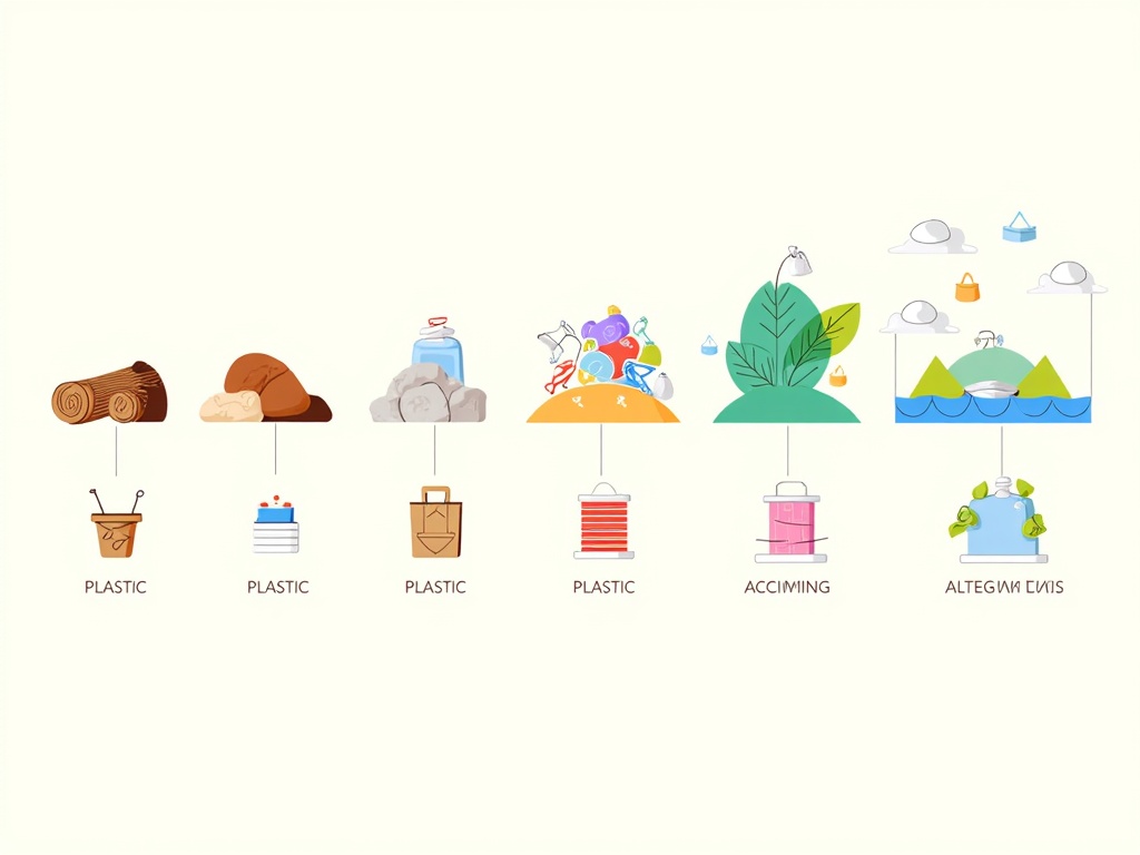 Timeline illustration: 'The Evolution of Materials'. Starts with traditional natural materials, moves to the rise of plastics and their environmental impact, and culminates in a hopeful future vision dominated by innovative, sustainable plastic alternatives and closed-loop systems.