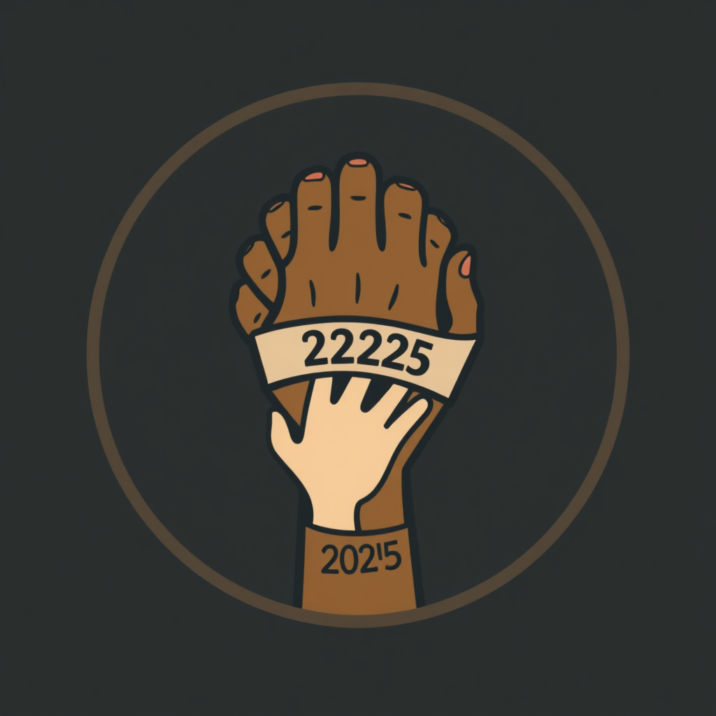 Diverse Unity Clasp: Design features multiple stylized hands, distinguished by subtle variations in color or line weight to represent diversity, firmly clasped or intertwined. The year '2025' could be creatively integrated as a band or mark on one of the wrists, symbolizing the specific 2025 Worker Alliance.