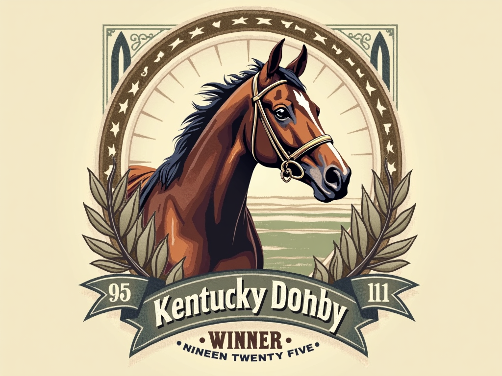 Design Idea 4: 'Vintage Grandstand Commemorative Tee' - A design mimicking a vintage race day poster or souvenir print. Features a classically rendered portrait of the winning thoroughbred, possibly with a slightly distressed texture effect and a muted color palette. Typography: 'Kentucky Derby - Winner - Nineteen Twenty-Five' (or '2025') in period-appropriate lettering, perhaps alongside subtle Twin Spires or horseshoe motifs.