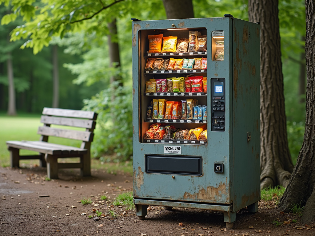 A vending machine near a camping ground offering essentials like bug spray, small flashlights, and portable snacks for outdoor adventurers.