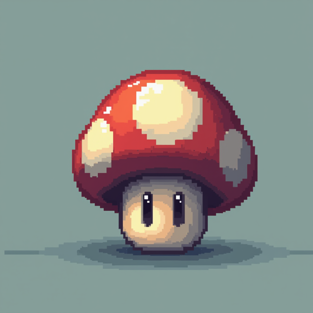 Simple Icon Idea: A single, iconic 8-bit pixelated power-up (like a mushroom or star) that has one facet or edge rendered as a simple, clean polygon, suggesting a bridge between 2D pixel art and early 3D graphics.