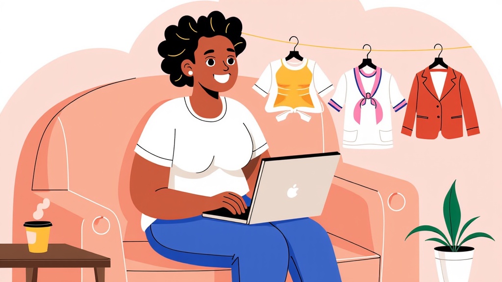  a young woman sitting on a pink armchair with a laptop in front of her. She is wearing a white t-shirt and blue jeans and has curly hair. She has a big smile on her face and is looking at the laptop screen. Behind her, there are clothes hanging on a clothesline with clothespins. On the right side of the image, there is a potted plant and a small table with a coffee cup on it. The background is a light pink color.