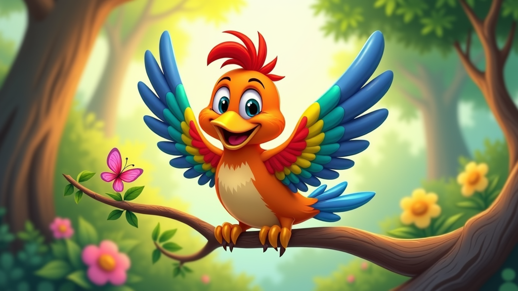 A playful bird character with rainbow-colored feathers, showcasing a joyful and whimsical spirit, suitable for a children's design.