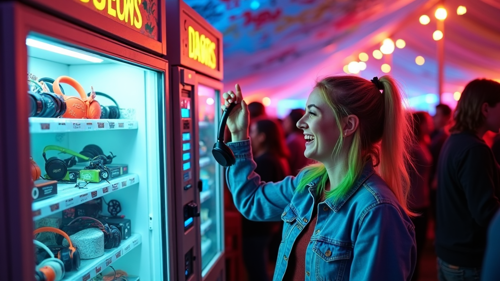 A vending machine inside a music festival tent, offering headphones, portable chargers, and other festival essentials; decorated with graffiti and neon signs.