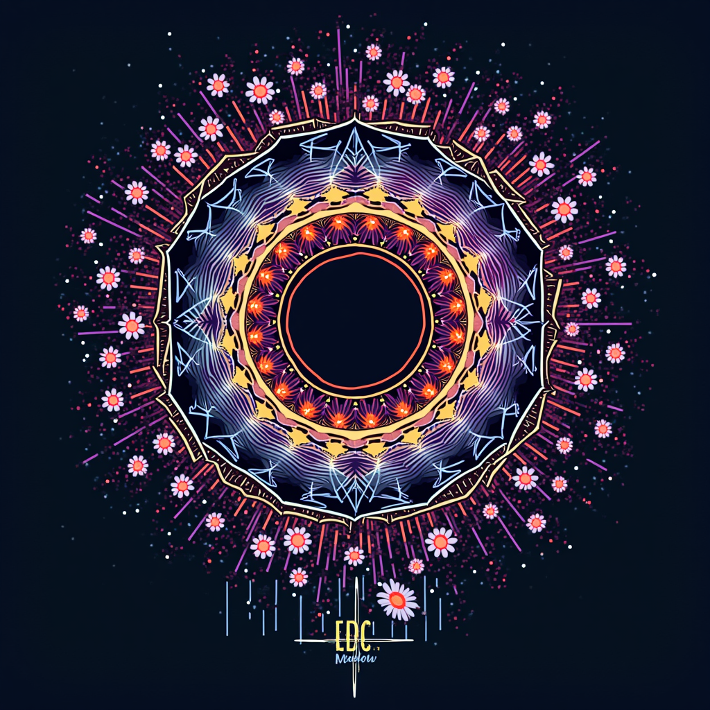 An abstract T-shirt design using intricate, neon geometric lines and fragmented daisy shapes to create a conceptual representation of a portal. The text 'EDC - Cosmic Meadow Portal' is incorporated stylistically into the design's structure.