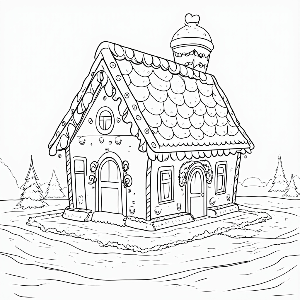 A gingerbread house with candy canes, gumdrop roof, and frosting decorations, surrounded by a snowy landscape.