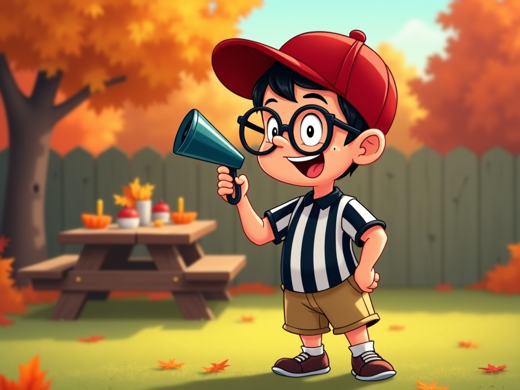 A child dressed as a football referee, humorously blowing a whistle in a friendly Thanksgiving family football game.