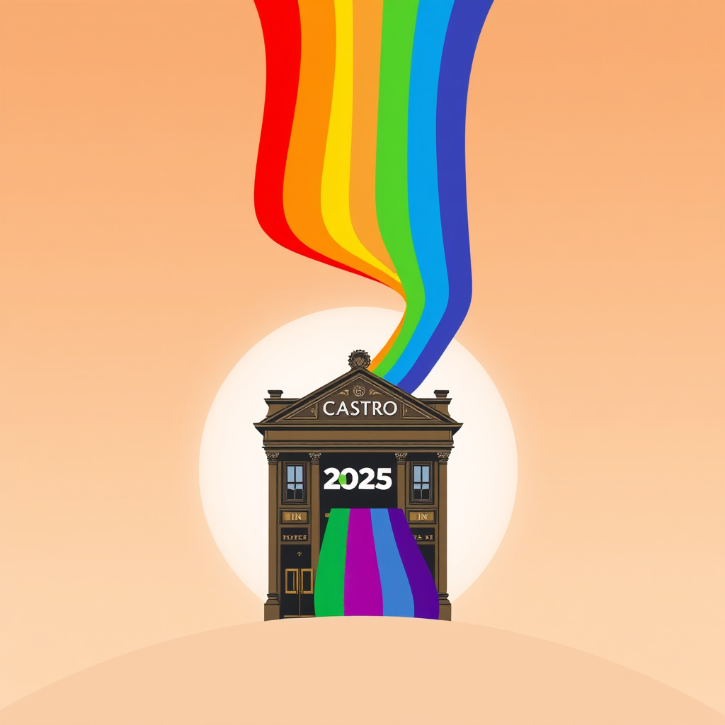 A design featuring a historic LGBTQ+ landmark (e.g., Stonewall Inn facade, Castro Theatre sign) from which a dynamic, multi-colored path representing the progressive pride flag extends outwards and upwards, symbolizing the journey from heritage to future horizons. The year '2025' could be subtly integrated into the path.