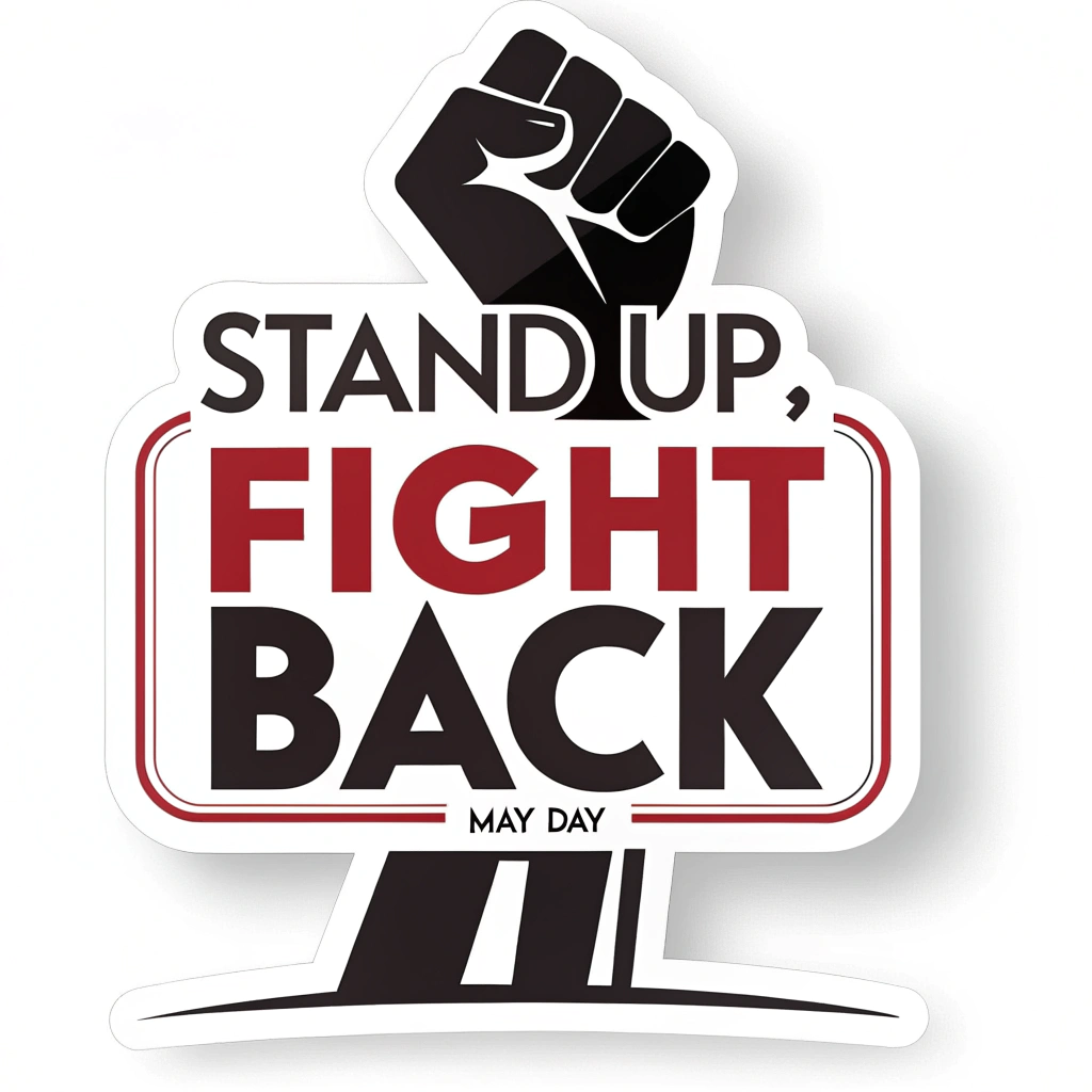 Sub-design Idea 1: Classic Silhouette & Typography. A bold, black silhouette of a single protest sign, possibly held by a fist. The sign prominently features 'Stand Up, Fight Back' in a strong, sans-serif font. 'May Day' text is placed below or above. Color scheme: Red, black, and white.