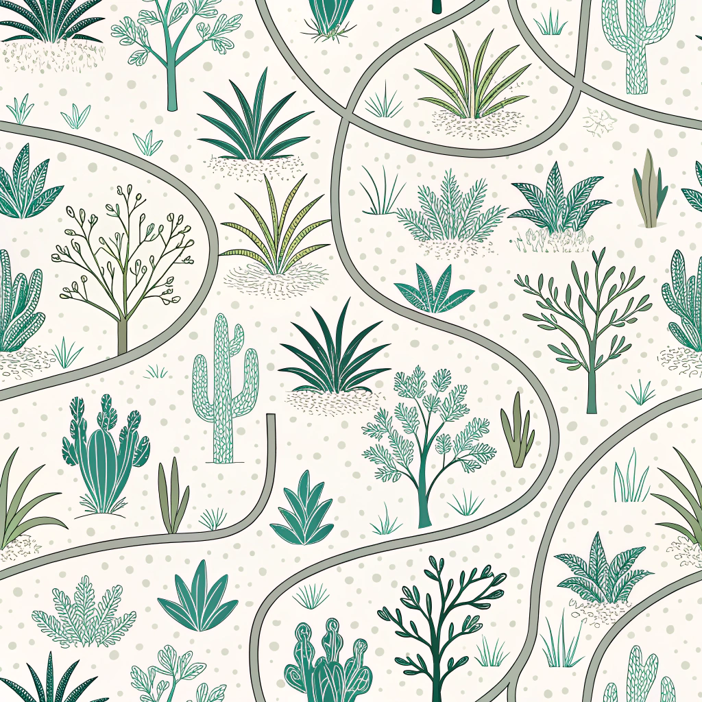 Pattern featuring abstracted drip irrigation lines weaving through silhouettes of drought-tolerant plants, emphasizing efficient water delivery.