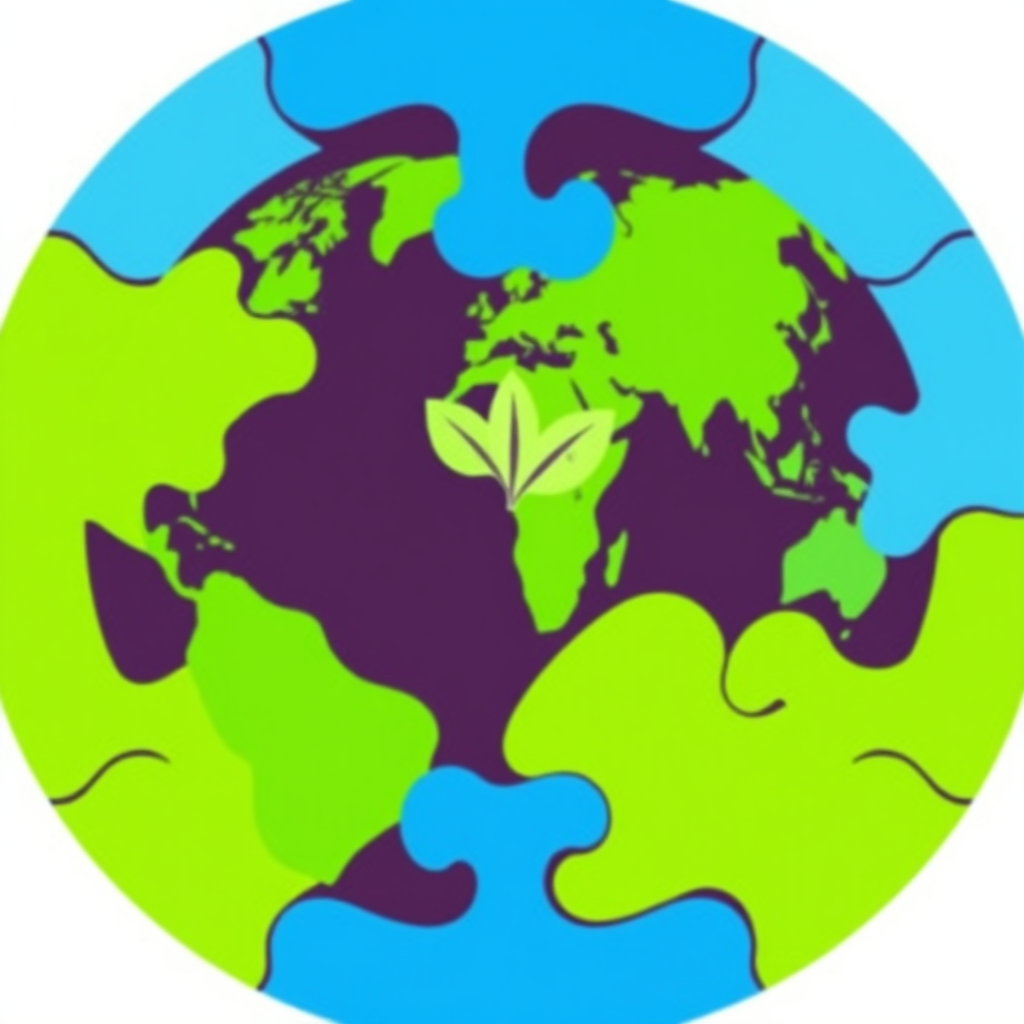 Interlocking Continents Emblem: Silhouettes of continents as green and blue interlocking puzzle pieces forming a circle, representing global unity. Integrate subtle leaf or renewable energy symbols within the landmasses to signify climate action.