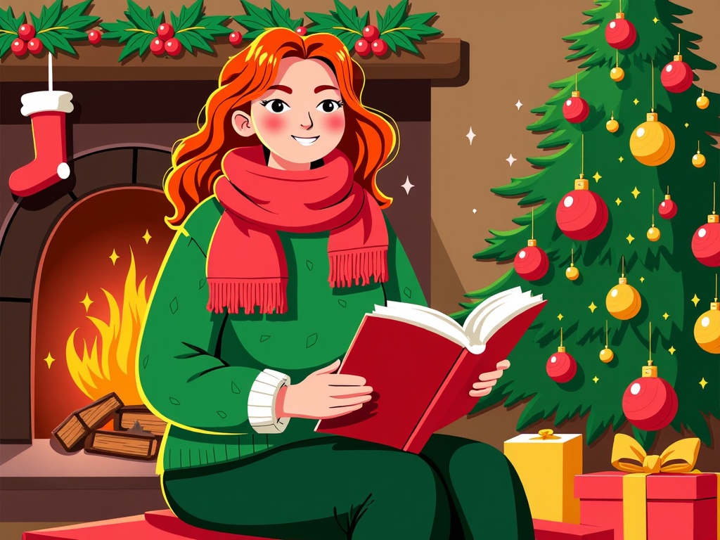  a young woman sitting on a red cushion in front of a fireplace. She is wearing a green sweater and a red scarf around her neck. She has long red hair and is holding a red book in her hands. The woman is smiling and appears to be engrossed in reading it. Behind her, there is a Christmas tree decorated with red and gold ornaments and presents. The fireplace is lit with a warm glow and there are stockings hanging from the mantle. The overall mood of the image is cozy and festive.