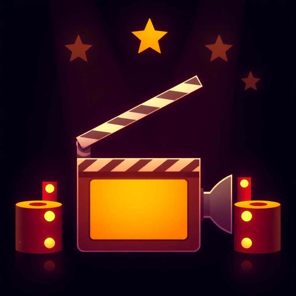 The image shows an animated movie clapboard with stars on a black background, along with two dice, suggesting that it is a representation of a movie theater.