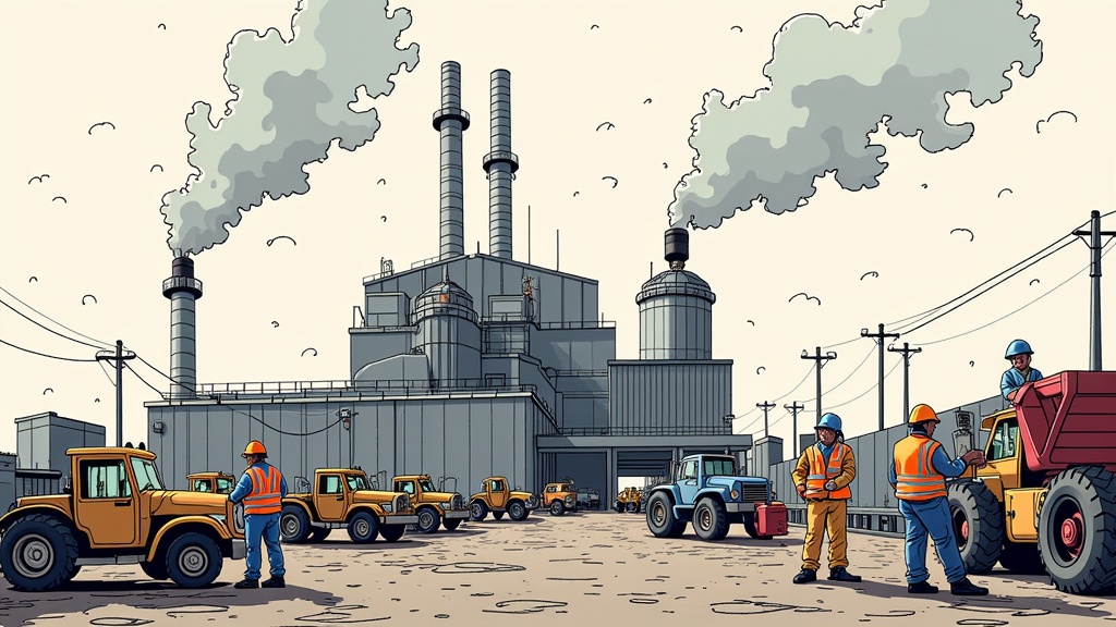  a large industrial plant with multiple chimneys emitting smoke into the sky. The plant appears to be a power plant or a factory, as there are several large industrial buildings and power lines visible in the background. In the foreground, there are four construction workers wearing orange hard hats and safety vests, standing in front of a line of yellow construction vehicles. One of the workers is holding a red dump truck, while the other two are standing next to a yellow bulldozer. The sky is blue and there are a few birds flying in the distance. The overall mood of the image is one of urgency and danger.