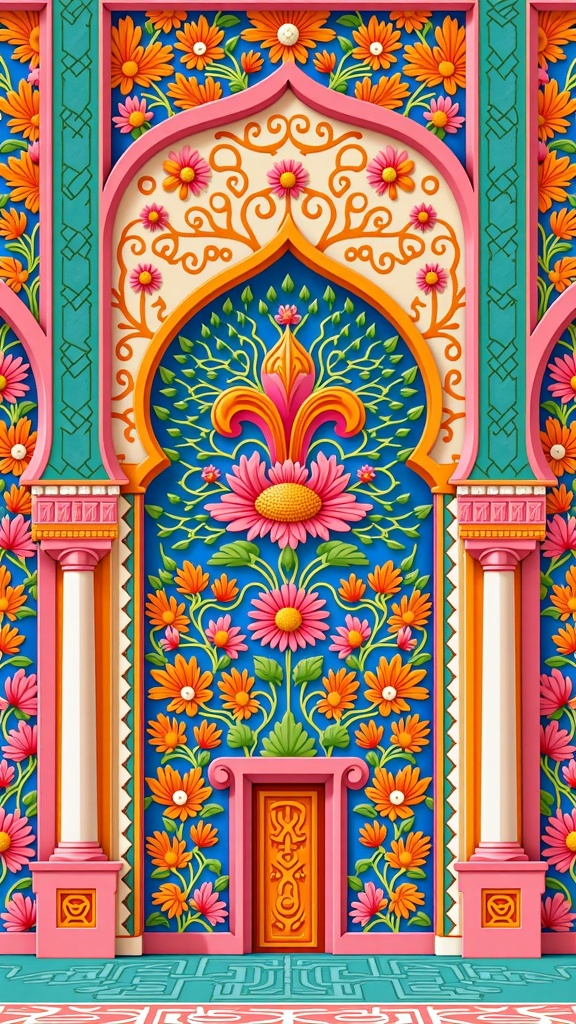 A detailed close-up illustration focusing on a section of a palace wall or floor, showcasing the complexity and vibrant colors of interwoven geometric, floral, and calligraphic patterns typical of Arabian art.