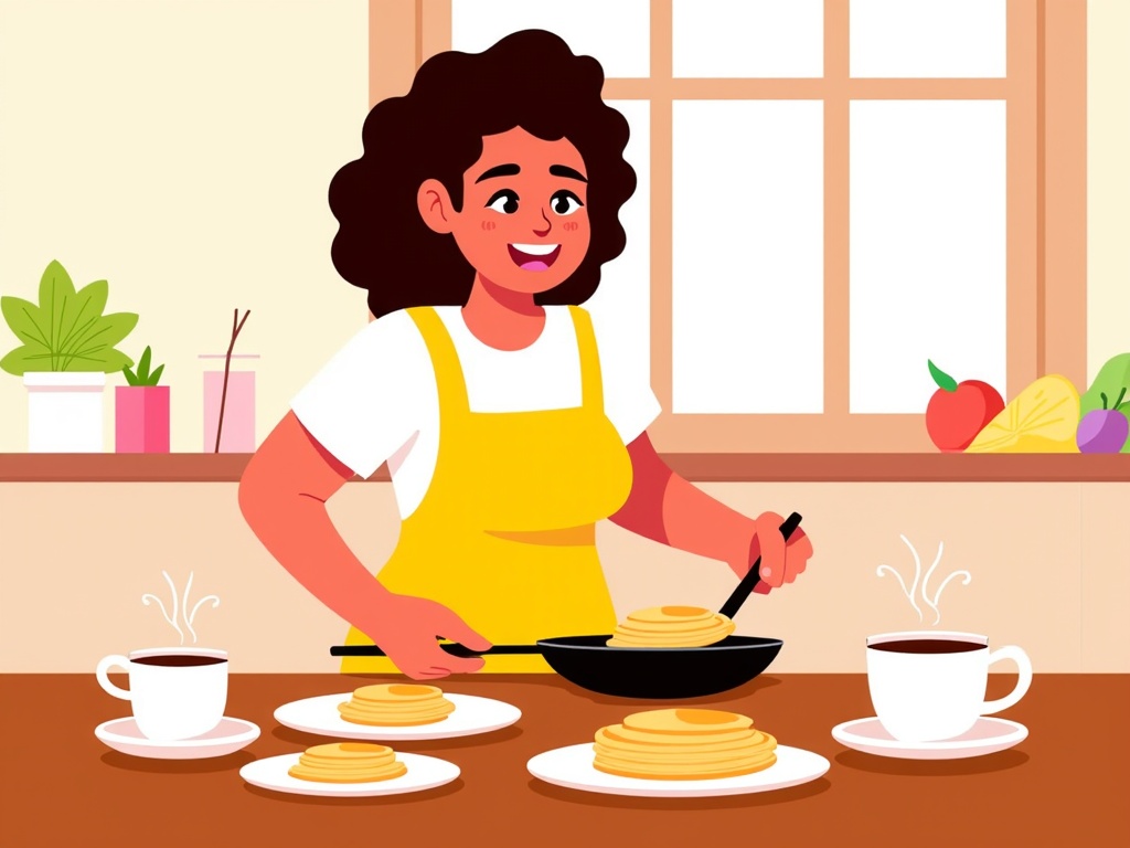  a young woman in a kitchen preparing pancakes. She is wearing a yellow apron and has curly hair. The woman is standing in front of a window with a smile on her face and is holding a frying pan with pancakes in it. There are two cups of coffee on the table next to her. On the table, there are three plates with pancakes on them. In the background, there is a shelf with various fruits and vegetables. The overall color scheme of the image is bright and cheerful.