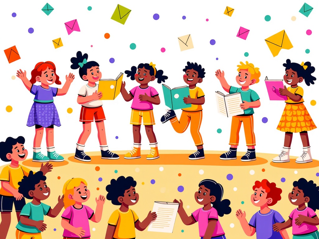 Illustration depicting children performing a poem together as a group on a simple, makeshift stage (perhaps decorated with drawings). They might use simple props or costumes, emphasizing collaboration and the shared joy of performance for an audience of peers.