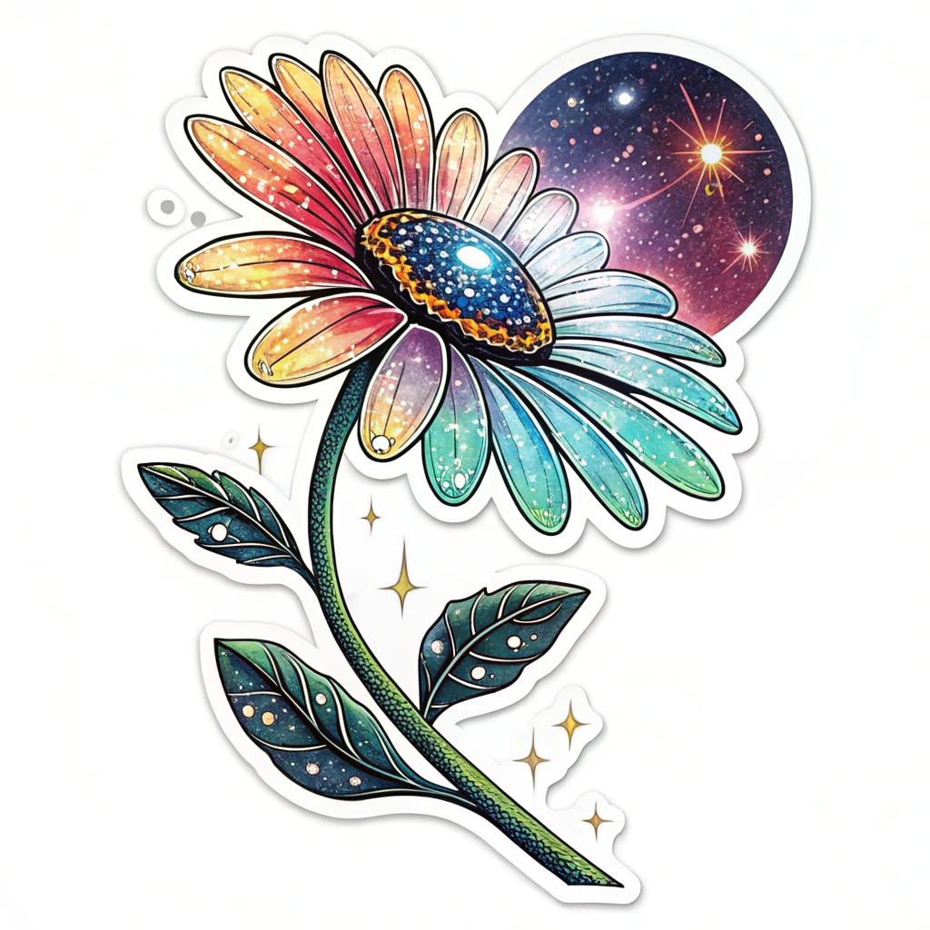 Translated text: Electric Daisy Carnival Sticker Designs - Cosmic Petal Daisy