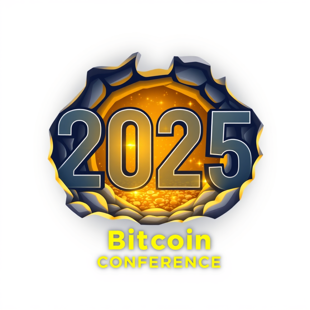 '2025' as Mine Portal: The numbers '2025' designed to graphically represent an entrance to a modern mine or digital portal, revealing glimpses of glowing gold or intricate circuitry within. 'Bitcoin Conference' would be typeset in a complementary modern font.
