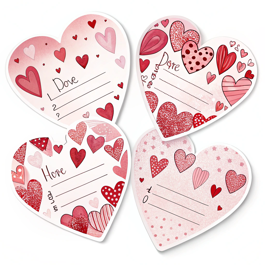 Heart-shaped stickers with customizable spaces for names or initials