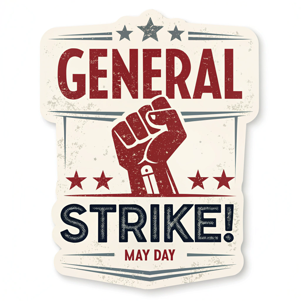 Classic Protest Sticker: Features 'GENERAL STRIKE!' in a very bold, distressed sans-serif font. Colors: red, black, and white/cream. 'MAY DAY' in a smaller stencil font, possibly with a subtle raised fist graphic.