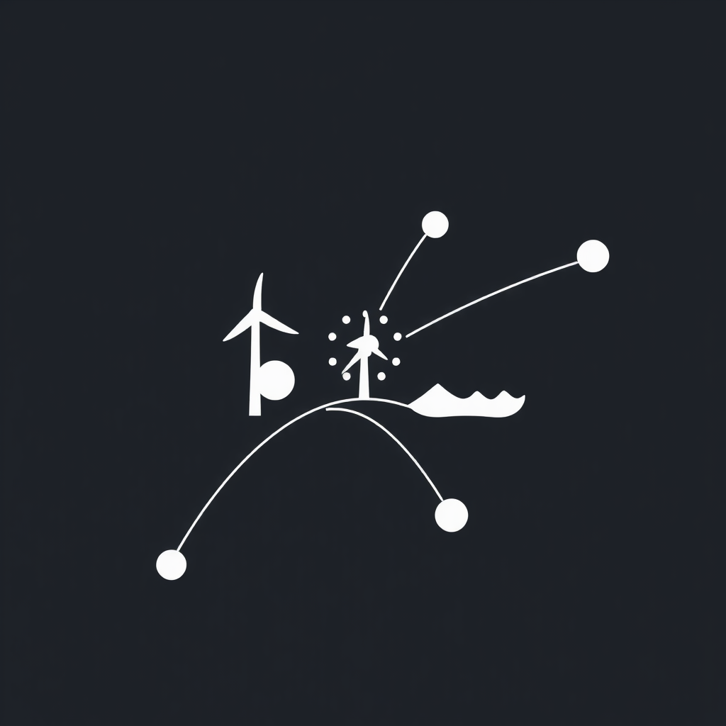 Minimalist silhouettes of key renewable sources (wind, solar, hydro) connected by clean lines forming a partial globe or network pattern, signifying global interconnectedness and sustainable power.