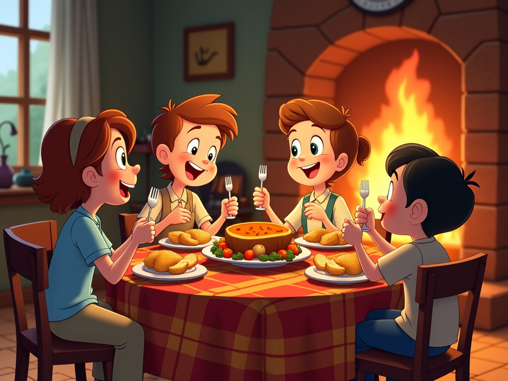 Animated Thanksgiving dinner highlighted by the savory aroma of roasted butternut squash and garlic bread. A family sits around a round table covered with a plaid tablecloth. A quartet bands together for a playful tune using retrieved forks and glasses, while a cartoon cat nap lazily in the warm glow of a crackling fire.