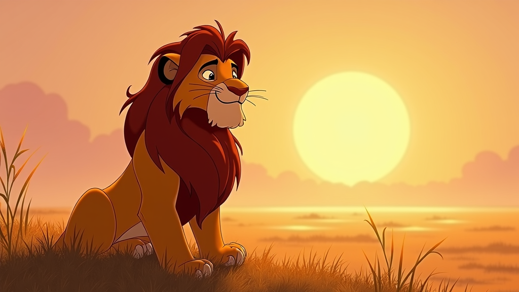 A lion with a wise gaze and a slight, knowing smile, portrayed in a soft, warm color palette, embodying gentle wisdom.