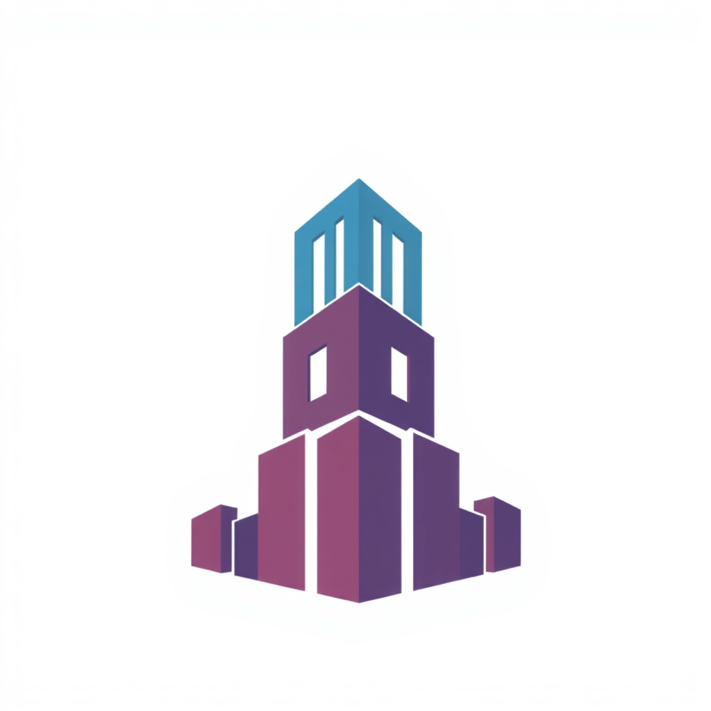 Sub-design idea 1: A logo using stacked geometric primitives (cubes, rectangles) forming an upward-reaching abstract building skyline, perhaps with negative space indicating windows or floors.