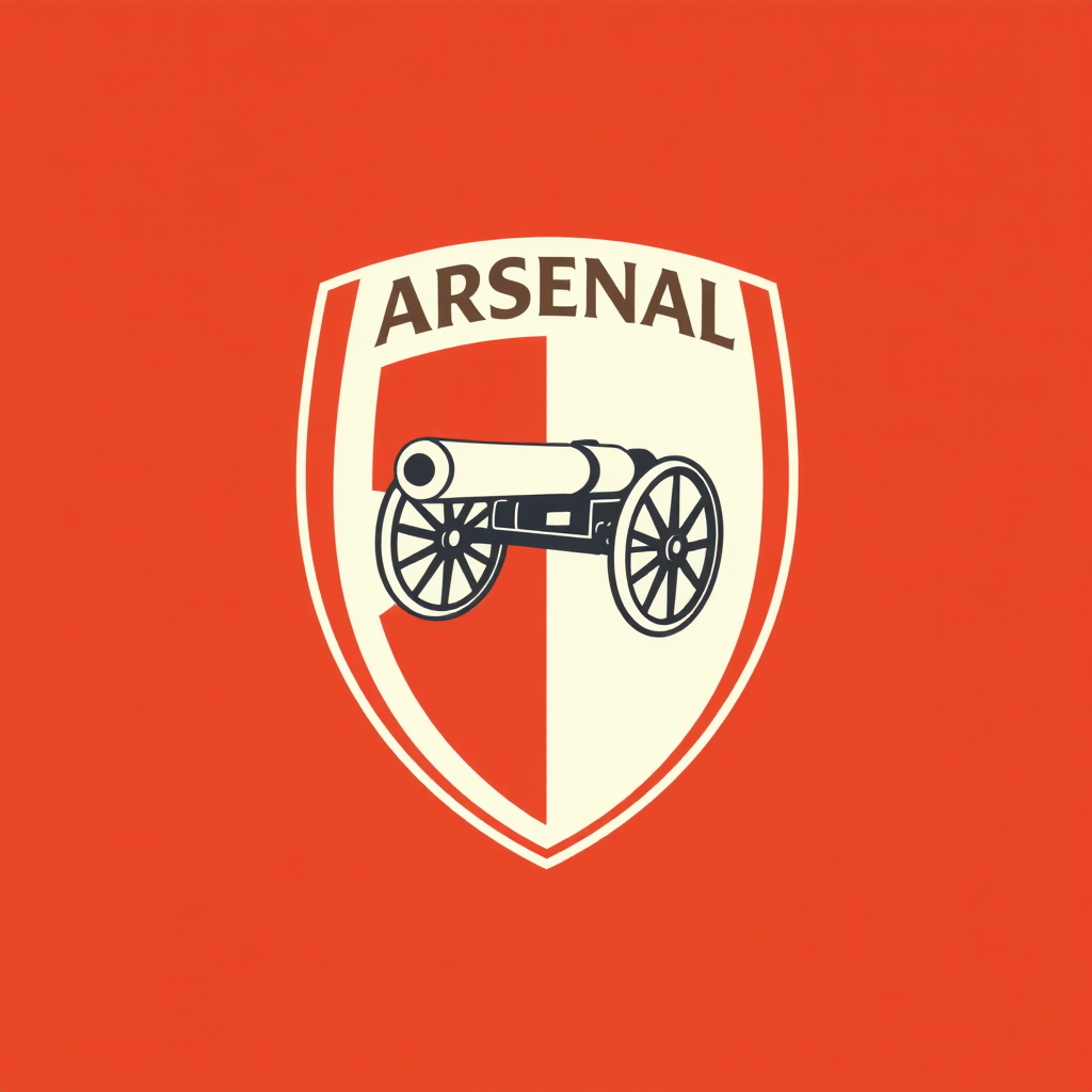 Sub-design Idea 1: A simplified shield reminiscent of Arsenal's 1930s-1949 crest, featuring a more detailed, historically accurate west-facing cannon from an early badge, and 'Arsenal' inscribed in a vintage sans-serif typeface inspired by period typography.