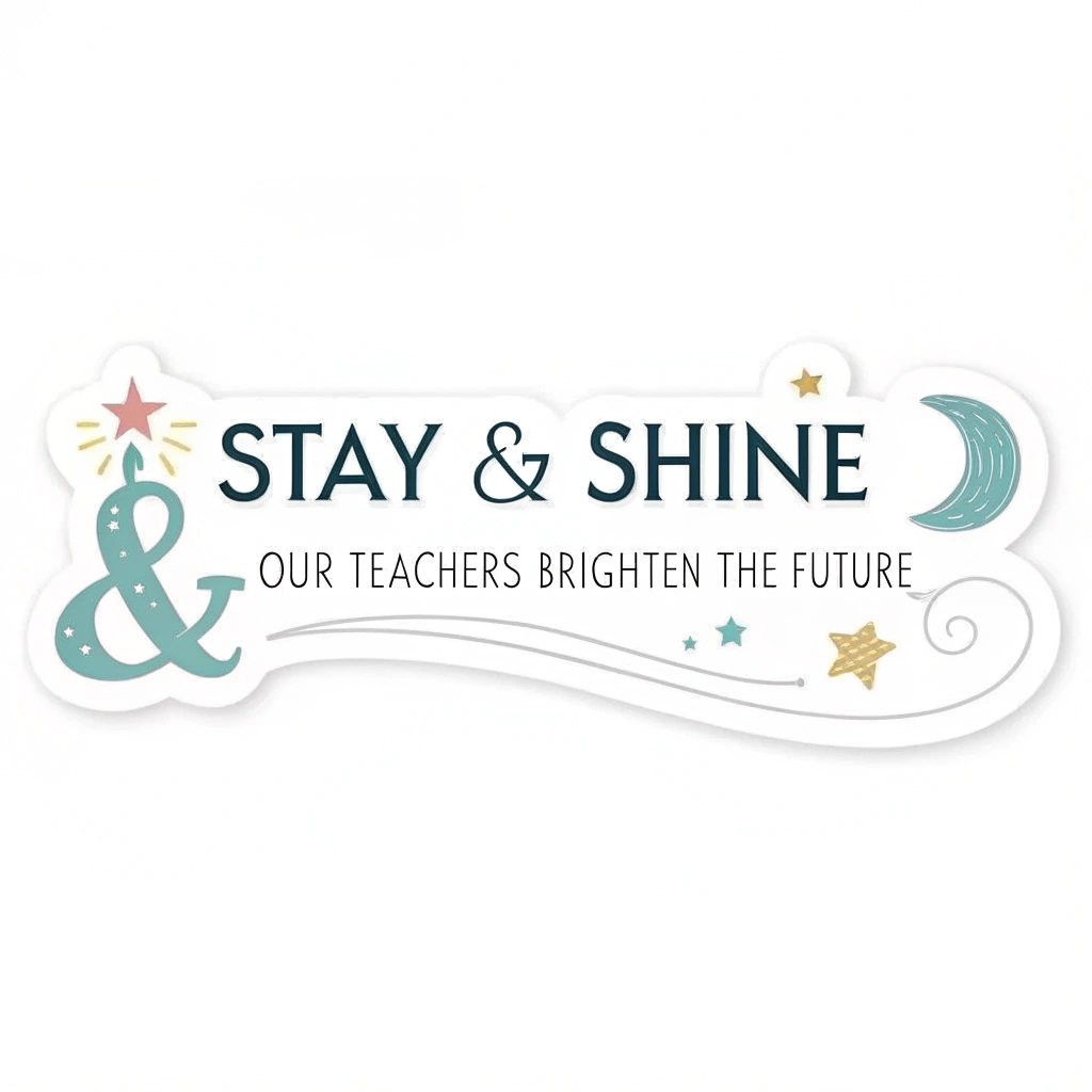 Simple Logo Idea - 'Stay & Shine' Typography: The phrase 'Stay & Shine' in an uplifting, clean sans-serif font. The 'i' in 'Shine' could be a subtle sparkle or a small star accent. The tagline 'Our Teachers Brighten the Future' in a complementary, smaller font below for a cohesive brand identity.