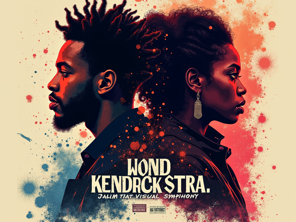 Dynamic Duo Portrait: Stylized, artistic portraits or silhouettes of Kendrick Lamar and SZA, perhaps rendered in a vibrant Rotoscope effect or a duotone graphic style. The album titles 'DAMN.' and 'CTRL.' are integrated with fonts reflecting each artist's vibe. 'Visual Symphony' is depicted via flowing graphic lines, particle effects, or a backdrop suggesting an abstract musical score.