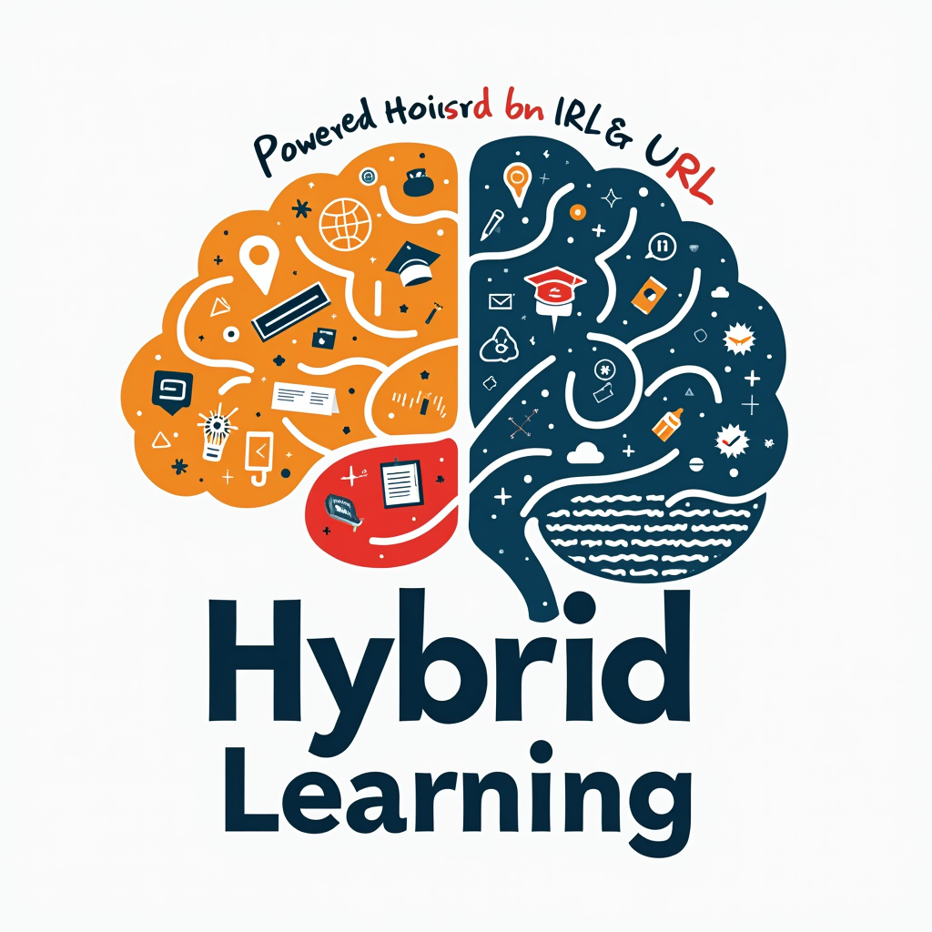 Brain Power Duality: An icon of a brain, split in two. One hemisphere is filled with traditional learning symbols (e.g., a pen, a book), and the other with digital learning symbols (e.g., a mouse cursor, Wi-Fi symbol, binary code). Text 'Hybrid Learning: Powered by IRL & URL'.