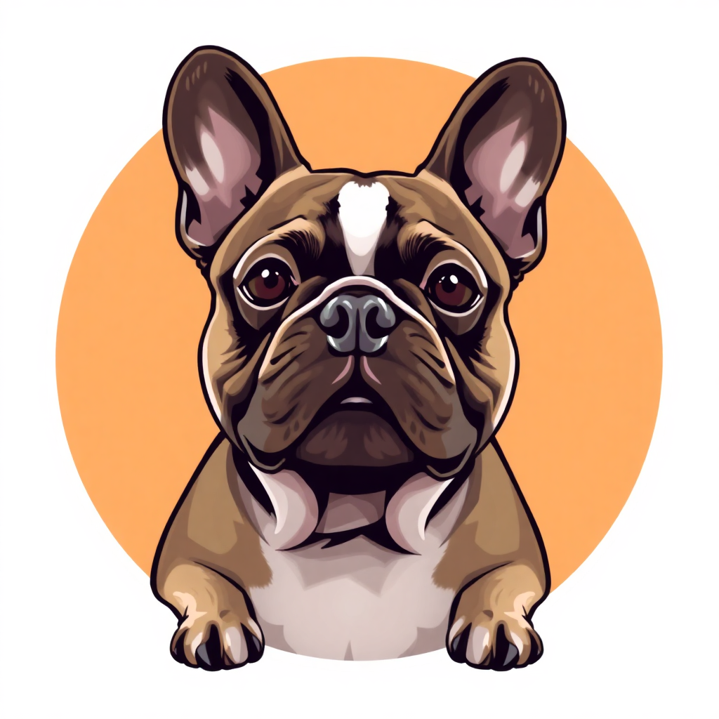 The image is a digital illustration of a French Bulldog. The dog is sitting in front of an orange circle. It has a round face with large, pointed ears and a small nose. Its fur is a light brown color with white patches on its chest and back. Its eyes are dark and its mouth is slightly open, as if it is looking directly at the viewer. The overall style of the illustration is cartoon-like and playful.