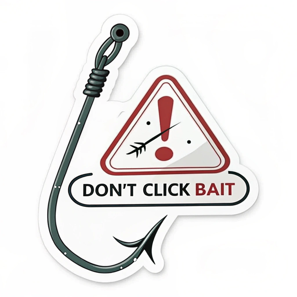 Simple Sticker Idea (Iconic Hook): A clean graphic of a fish hook. The 'bait' is replaced by a generic alert symbol (e.g., an exclamation mark within a triangle). The text 'Don't Click Bait' is concisely placed below or integrated with the hook's shaft using minimal colors.