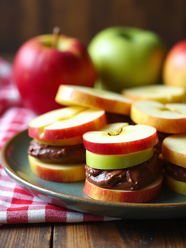 Apple slice 'sandwiches' with Nutella filling, possibly using a variety of apple types for different flavors.