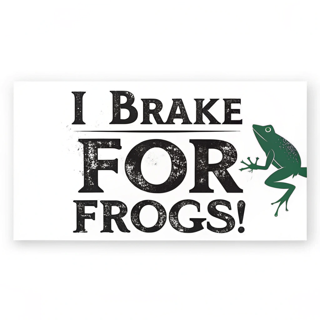 Classic rectangular bumper sticker with bold, black, slightly distressed sans-serif text 'I BRAKE FOR FROGS!' on a white background. Include a small, simple green frog silhouette hopping near the text.