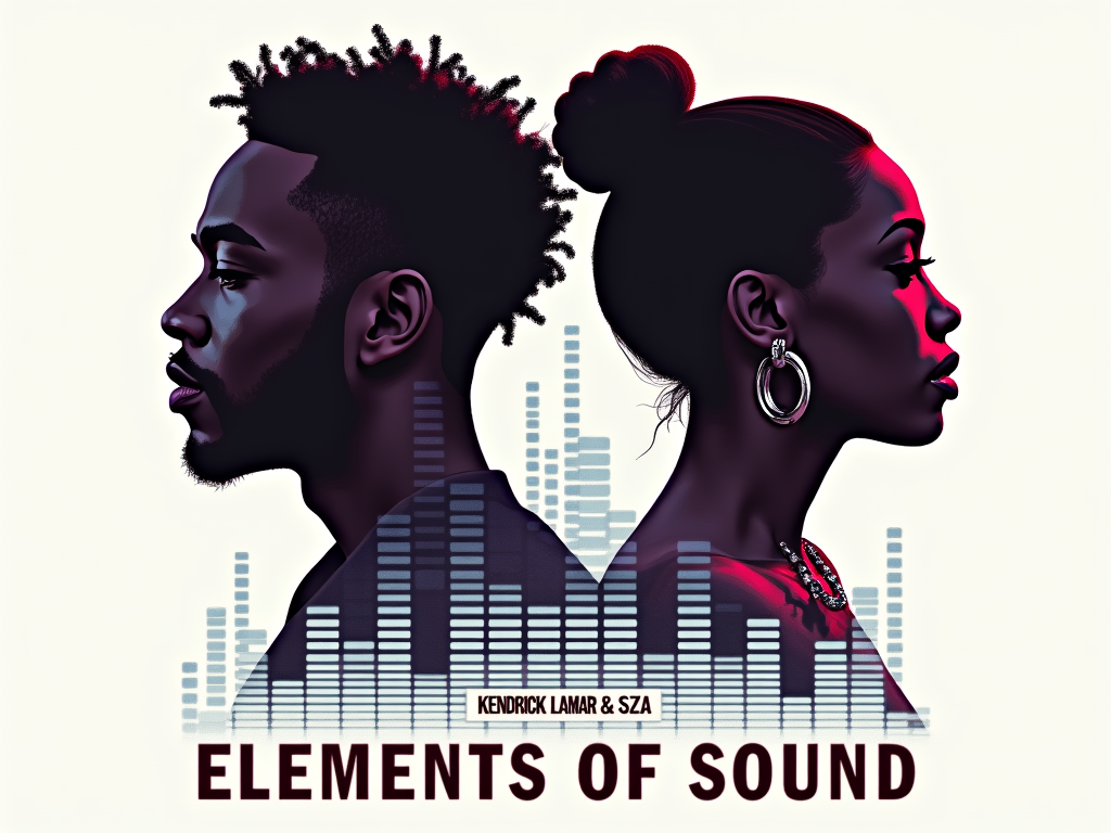 Waveform Silhouette Fusion: Silhouettes of Kendrick Lamar and SZA back-to-back, with their profiles filled or surrounded by distinct, contrasting sound wave patterns that merge between them. Kendrick's could be sharp and angular, SZA's more fluid and melodic. The concert title 'Elements of Sound' is typeset boldly below.