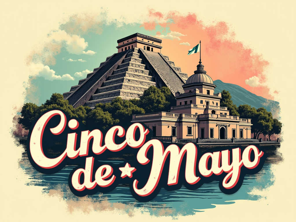 Retro Mexican Travel Poster: Design mimicking 1940s-60s travel ads for Mexico, with stylized landmarks (e.g., pyramids, colonial towns), muted/sepia colors with vibrant accents (Mexican pink, turquoise), distressed textures, and bold 'Cinco de Mayo' in vintage script/sans-serif font.
