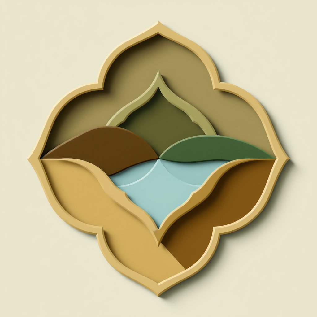 Abstract Gaia from three interconnected shapes representing land, water, and air. Utilizes muted earth tones and clean geometry.