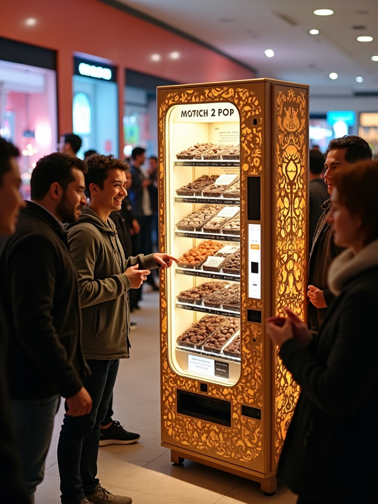 In a busy shopping mall, a vending machine filled with locally crafted chocolates and candies entices shoppers with its elegantly decorated casing.