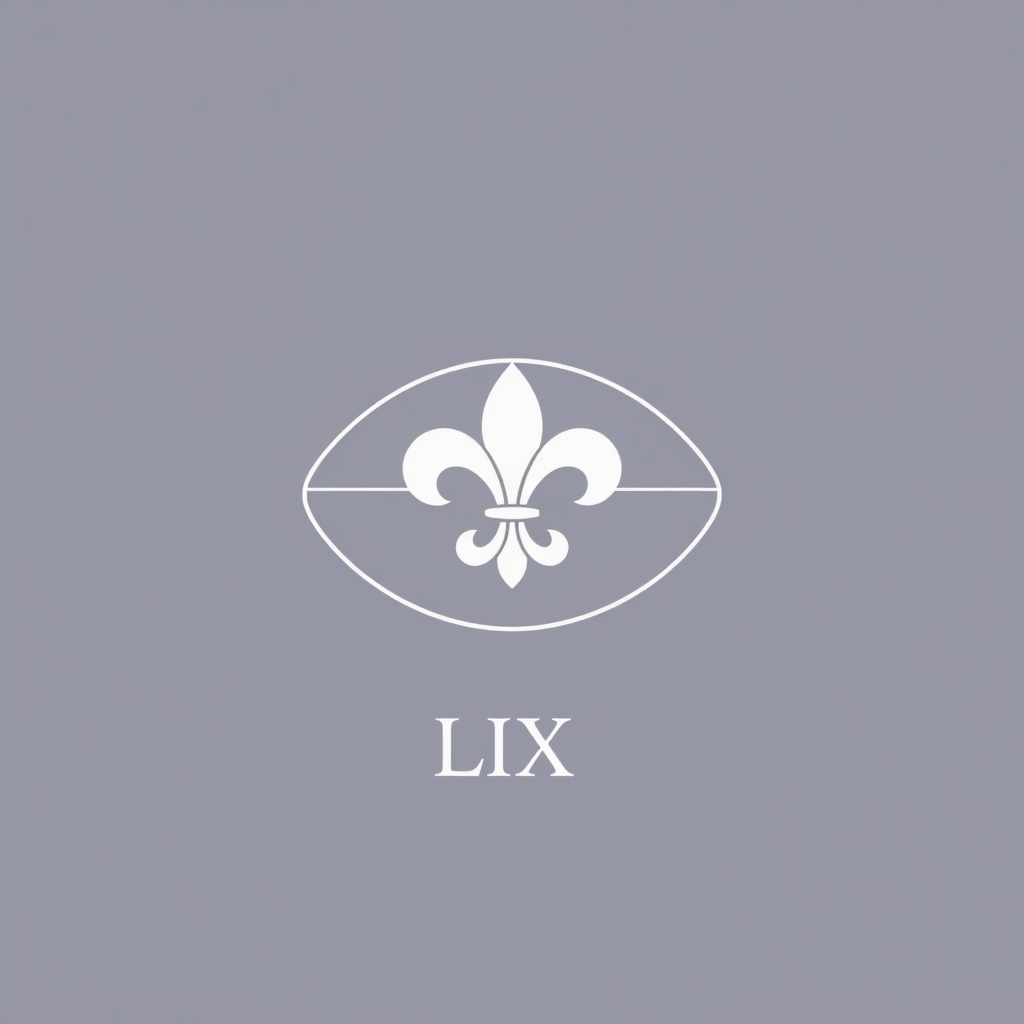 A minimalist, single continuous line art logo where a clear football outline subtly incorporates the three petals of a fleur-de-lis at one of its points or as a stylized version of its lacing. The Roman numerals 'LIX' are cleanly integrated below or within the line work in a modern sans-serif font.