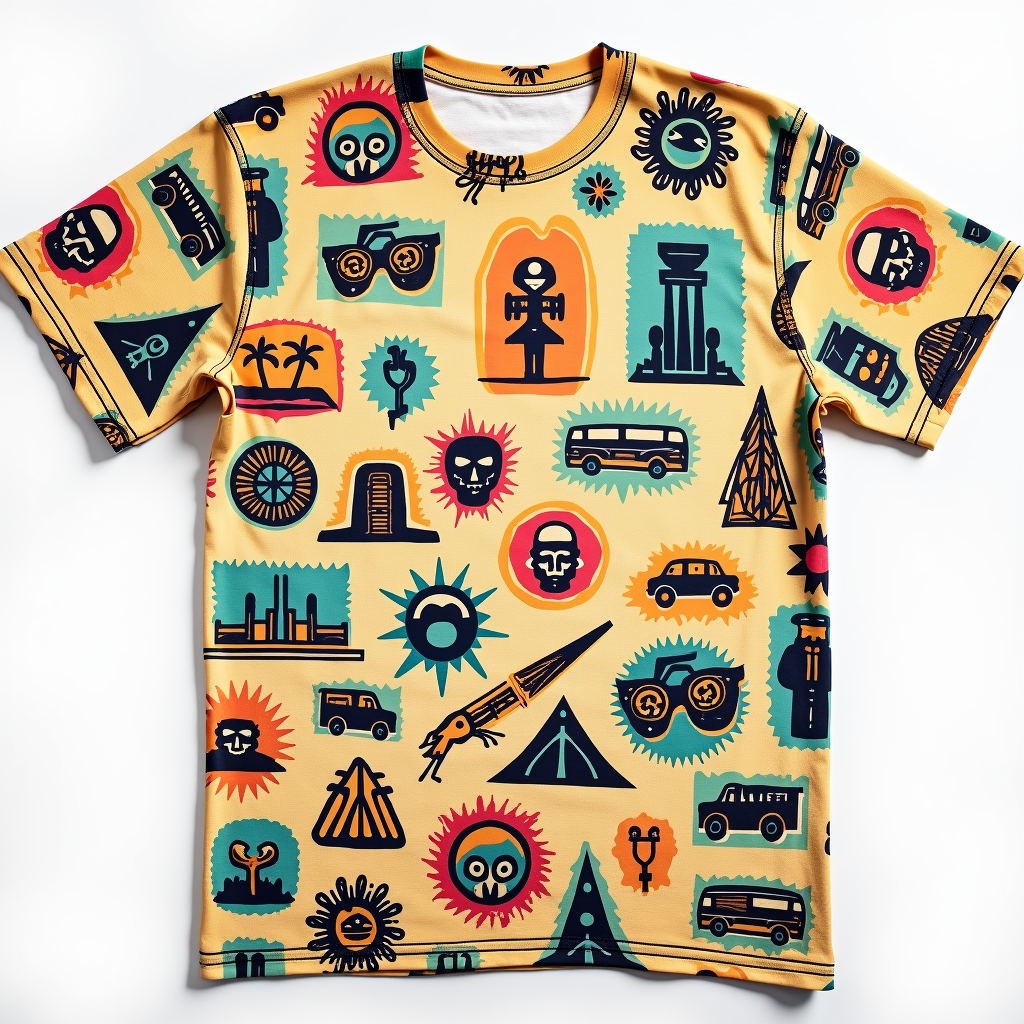 Sub-Design Idea 1: 'Playa Icons All-Over Print' - A T-shirt with a vibrant all-over print featuring a collection of small, stylized icons: the Man effigy, Temple silhouette, art cars, desert goggles, dust mask, bicycle, playa sun/moon. Icons should be in a cohesive, slightly gritty graphic style.