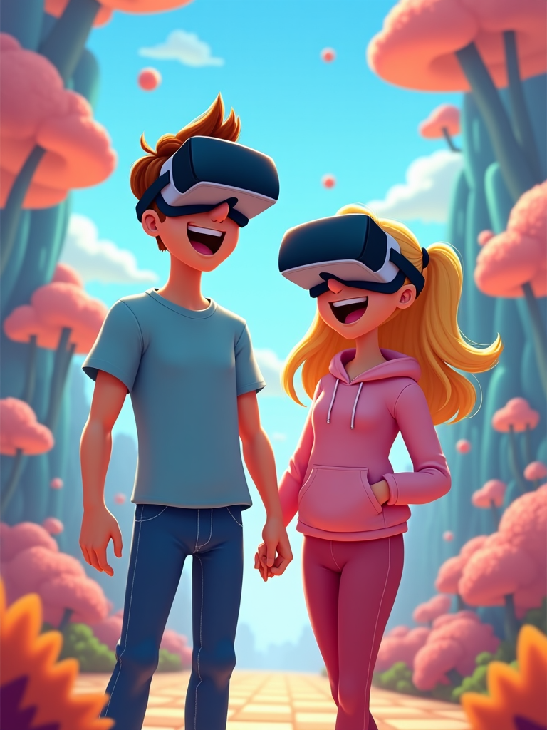 A cartoon couple immersed in a virtual reality game, with VR headsets on and joyful expressions as they navigate the digital landscape.