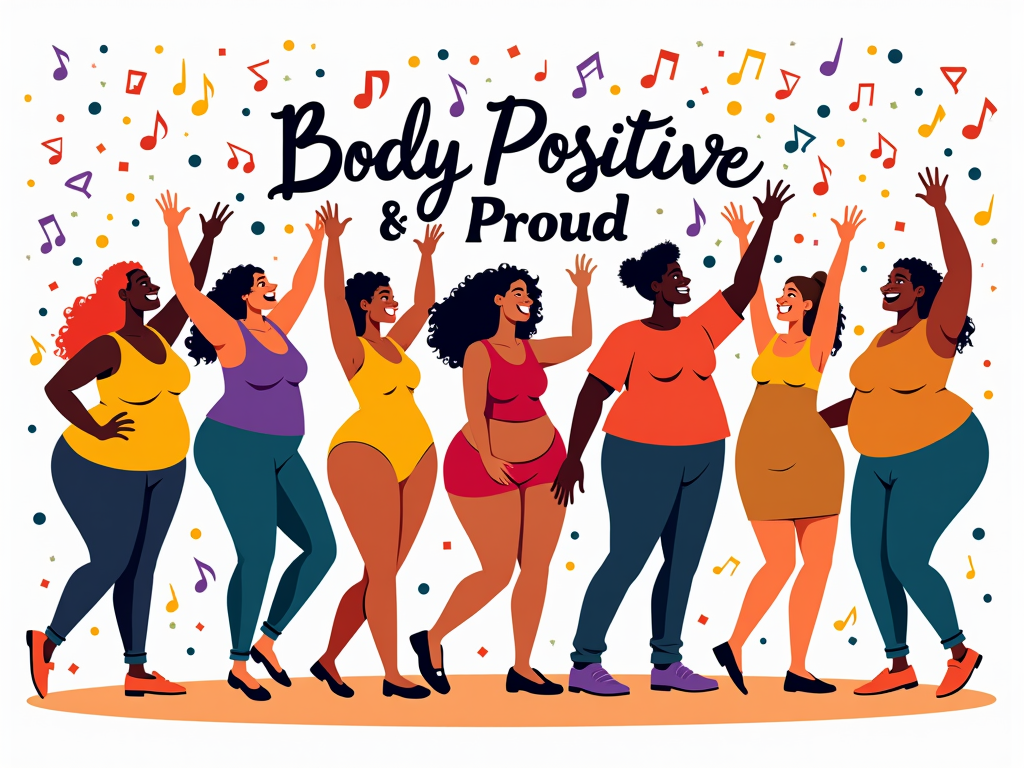 T-Shirt Design Idea 2: 'Body Liberation Fiesta'. A vibrant illustration of diverse, abstract human figures joyfully dancing or celebrating. Text 'Body Positive & Proud' is interwoven dynamically with the figures. Incorporates colorful confetti, streamers, or musical notes to enhance the celebratory, 'No Diet Day' party feel.